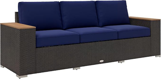 Outsunny 3-Seat Outdoor Patio Sofa with 24.5" Extra Wide Deep Seats, PE Wicker Sofa with Wide Wood Effect Armrests and 4" Cushions, Rattan Outdoor Couch for Porch, Garden, Poolside, Navy Blue