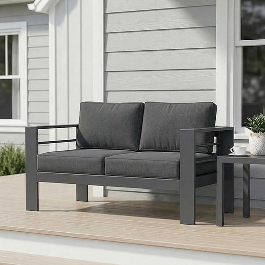 Wisteria Lane Metal Patio Furniture Sofa, All-Weather Outdoor Couch with Upgraded Cushions, Weather-Resistant Heavy Duty Modern Outdoor 2 Seats Sofa for Garden, Balcony, Deck, Backyard, Dark Grey