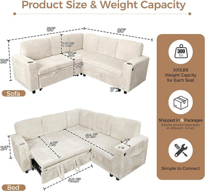 Sectional Sleeper Sofa with Pull Out Bed, Plush Corduroy 5 Seat L Shaped Couch with Storage, USB Ports, Cup Holders, Comfy Modular Sectional Couches for Living Room, Beige