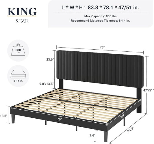 Allewie King Platform Bed Frame, Velvet Upholstered with Adjustable Vertical Channel Tufted Headboard, Mattress Foundation with Strong Wooden Slats, Box Spring Optional, Easy Assembly, Black