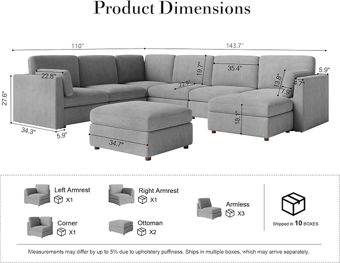 Oversized Modular Sectional Sofa U-Shaped Cloud Couches Gray | Large Deep Seat Couch for Living Room, 8 Seater Luxury Corner Sofa with Ottoman, Solid Wood Frame, Removable Washable Cover