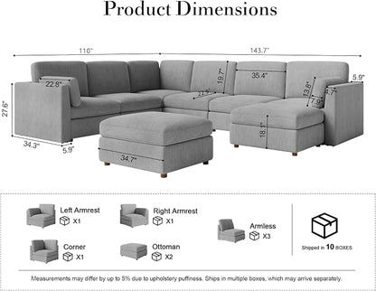 Oversized Modular Sectional Sofa U-Shaped Cloud Couches Gray | Large Deep Seat Couch for Living Room, 8 Seater Luxury Corner Sofa with Ottoman, Solid Wood Frame, Removable Washable Cover