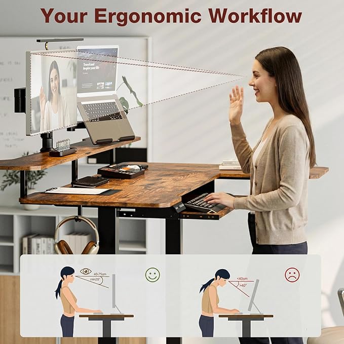 Acrolix 59 Inch L Shaped Standing Desk with Shelves and Keyboard, Electric Corner Standing Desk Adjustable Height, Sit Stand Computer Table with Reversiable Splice Board，Rustic Brown