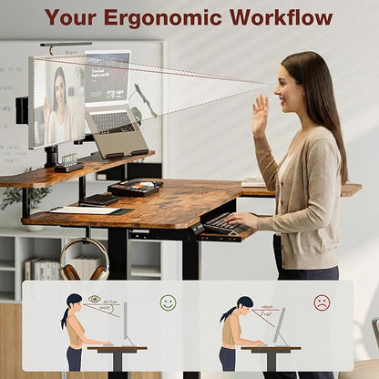 Acrolix 59 Inch L Shaped Standing Desk with Shelves and Keyboard, Electric Corner Standing Desk Adjustable Height, Sit Stand Computer Table with Reversiable Splice Board，Rustic Brown