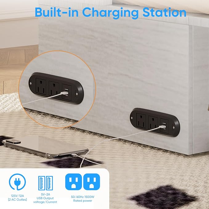 PUREMIND Queen Murphy Bed Cabinet, Bedroom Cabinet Beds with USB Charging Station, Murphy Chest Bed with Storage Drawers, Horizontal Wallbed for Guest Room White