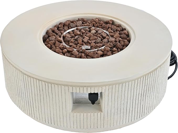 Merax 38.19'' MGO Propane Outdoor Fire Pit with Vertical Stripe Design, 50000 BTU Round Fire Pit Table with Steel Burner, Adjustable Flame Control, Lava Rocks & Rain Cover for Patio&Backyard, Beige