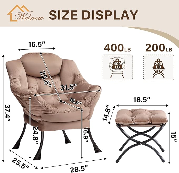 Welnow Lazy Chair with Ottoman, Modern Accent Chair with Armrests and a Side Pocket, Leisure Sofa Chair Set, Reading Chair with Footrest for Small Space, Corner Chair, Dark Brown
