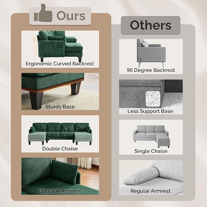 VINGLI 108" W U-Shaped Sectional Couches for Living Room, Sturdy Wooden Armrest Corduroy Cloud Couch with Double Chaise, High Support Modern 4-Seat Sectional Sofa for Apartment, Offices, Dark Green