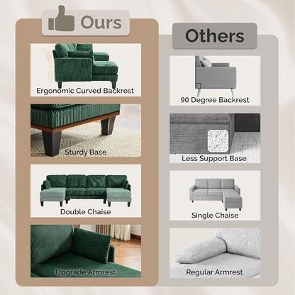 VINGLI 108" W U-Shaped Sectional Couches for Living Room, Sturdy Wooden Armrest Corduroy Cloud Couch with Double Chaise, High Support Modern 4-Seat Sectional Sofa for Apartment, Offices, Dark Green