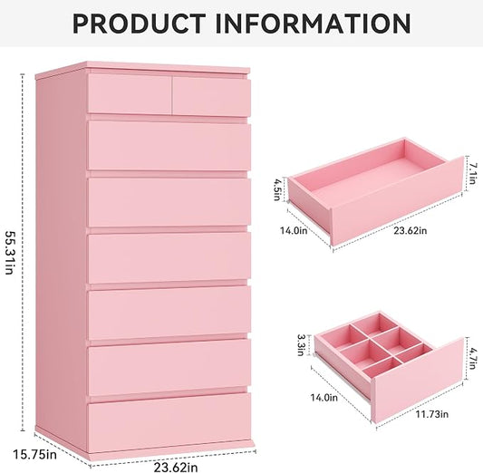 Jocoevol Pink Tall 8 Drawer Dresser for Bedroom,Dressers & Chests of Drawers with Jewelry Storage,Wood Storage Dresser with Deep Drawers for Living Room Hallway Entryway(55.3" L*23.6" W*15.7")