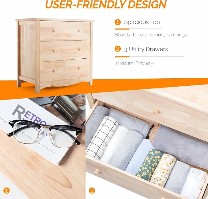 VINGLI Unfinished Natural Solid Wood 3 Drawer Dresser, Farmhouse Dressers & Chests of Drawers Color DIY Rubber Wood Dresser with Full Extension Drawer Slides & Wood Knobs Rustic Style