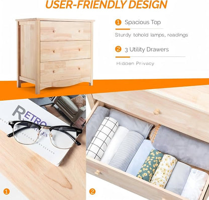 VINGLI Unfinished Natural Solid Wood 3 Drawer Dresser, Farmhouse Dressers & Chests of Drawers Color DIY Rubber Wood Dresser with Full Extension Drawer Slides & Wood Knobs Rustic Style
