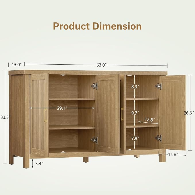 TEENFON Buffet Cabinet with Storage, 63" Fluted Sideboard Cabinet with 4 Adjustable Shelves, Modern Coffee Bar with 4 Doors, Coffee Bar Cabinet for Kitchen, Living Room, Natural
