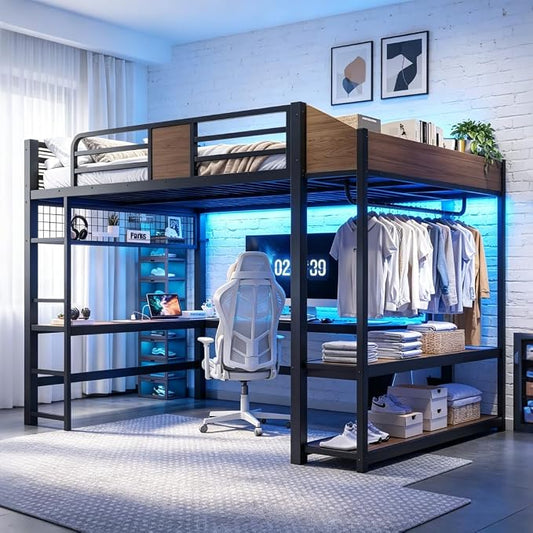 Bellemave Queen Size Loft Bed with Desk and USB Ports, Clothes Hanging Rod, LED, Metal Full Loft Bed Frame for Adults, Kids, Teens, Black