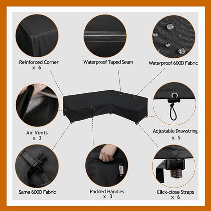 Heavy Duty Outdoor Sectional Sofa Cover, 120"X90" L-Shaped Waterproof 600D Patio Furniture Covers, Lawn Patio Couch Cover (Midnight Black, L-Shaped-Right Facing-120x90)