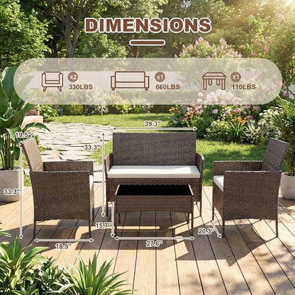 4PCS Outdoor Patio Bistro Set, PE Rattan Wicker Armchairs, Brown/Beige