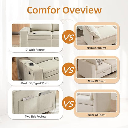 Waxberry 71" Chenille Loveseat Sofa Couch for Living Room with Seat Storage, Modern 2-Seater Deep Seat Sofa with Side Pockets & Type-C/USB Ports, Detachable Backrest for Office, Apartment (Beige)