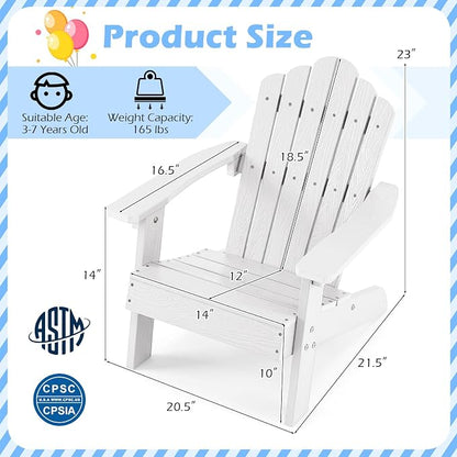 Costzon Kids Adirondack Chair, All-Weather HIPS Toddler Outdoor Chair, Wooden Textured Plastic Fire Pit Chair, Kids Patio Chair for Backyard Lawn Garden, Fits Children Age 3-7 Years (1, White)