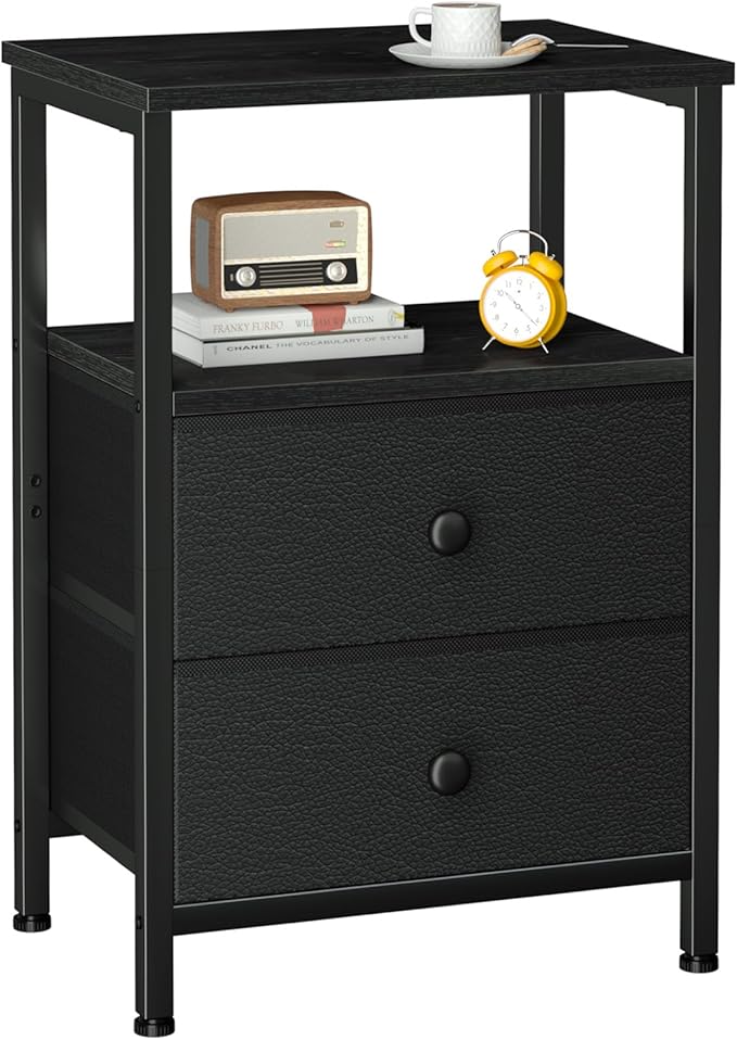 LOAKEKEL Night Stand, Nightstand with 2 Fabric Drawers for Bedroom, Small End Table with Open Storage Shelf for Living Room, Bedisde Table for Apartment, Black, HETS002BK-1