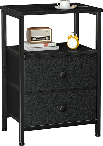 LOAKEKEL Night Stand, Nightstand with 2 Fabric Drawers for Bedroom, Small End Table with Open Storage Shelf for Living Room, Bedisde Table for Apartment, Black, HETS002BK-1