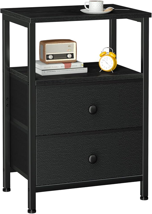 LOAKEKEL Night Stand, Nightstand with 2 Fabric Drawers for Bedroom, Small End Table with Open Storage Shelf for Living Room, Bedisde Table for Apartment, Black, HETS002BK-1