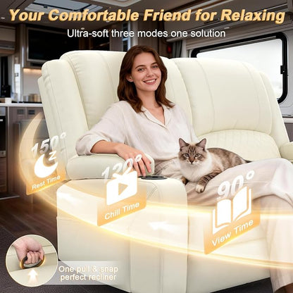 RV Loveseat Recliner Wall Hugger, Manual RV Reclining Loveseat with Removable Armrest, 3X Adjustable Theater Wall Hugger Loveseat Recliners with USB Ports, Cup Holders, Multi-Storage (PU,White)
