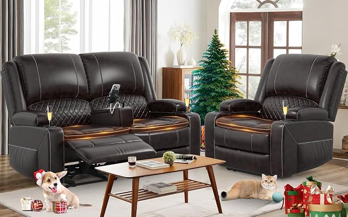 Yolsali Loveseat Lounger Sofa Set with 2 Layers Cushion Living Room 2+1 Piece 2 Seater Reclining Double Sofa Leather with Removable Console 1 Oversized Lounger Sofa Seats