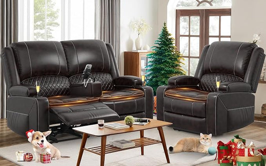 Yolsali Loveseat Lounger Sofa Set with 2 Layers Cushion Living Room 2+1 Piece 2 Seater Reclining Double Sofa Leather with Removable Console 1 Oversized Lounger Sofa Seats