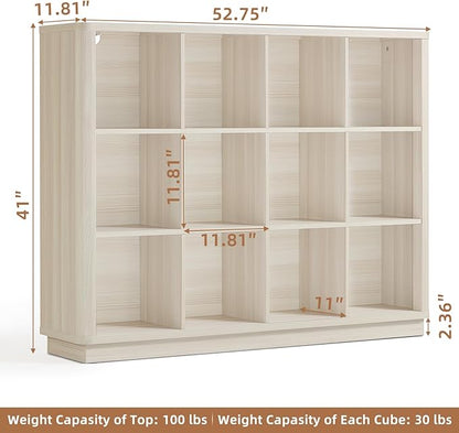 Joaxswe 12 Cube Storage Organizer, 41" Large Bookshelf with Curved Edge, Wood Floor Standing 3-Tier Cubby Bookcase w/Base, Modern Display Storage Cabinet for Living Room, Office, Gray-White Cream Oak