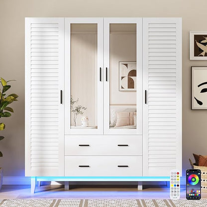 jiteentarou 4 Door Armoire Wardrobe Closet Cabinet with Drawers and LED Lights, Multi-Tier Shelves, Hanging Rod & 4 Louver Doors, Large Capacity Storage Wardrobe Armoire for Bedroom(4 Doors White) | 4 Door