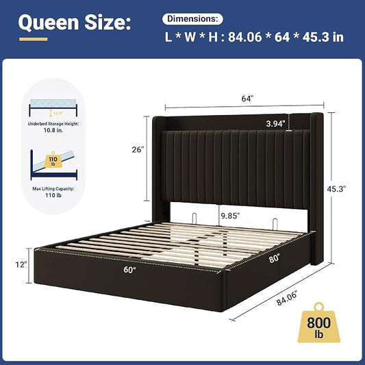 Allewie Queen Size Lift Up Storage Bed Frame,Storage Shelf Headboard with Charging Station,Type-C and USB Ports,Hydraulic Support,Velvet Upholstered Bed Frame,No Box Spring Needed,Black