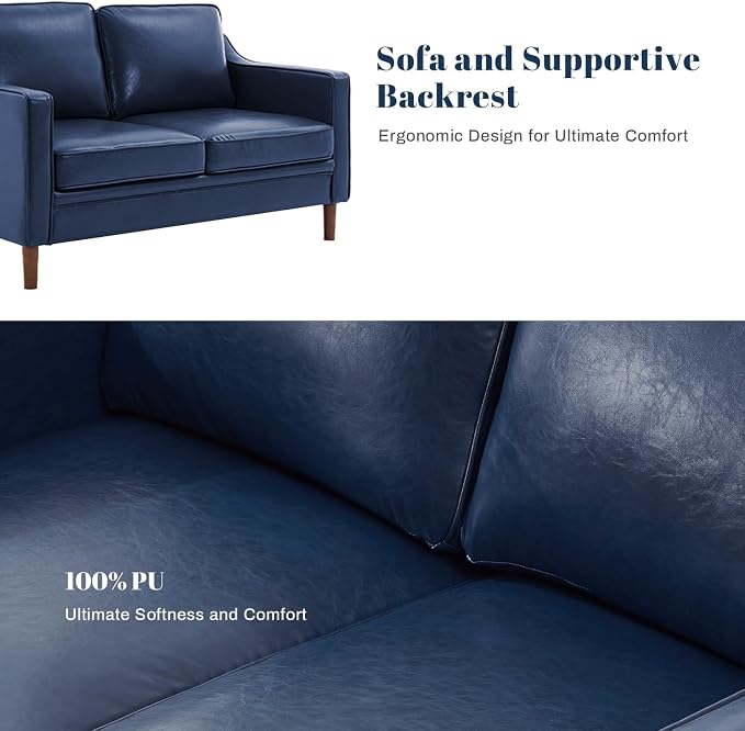 Kingfun 3-Piece Sofa Set for Living Room, Mid Century Modern Couch with Loveseat and Chair, Faux Leather, Solid Wood Frame