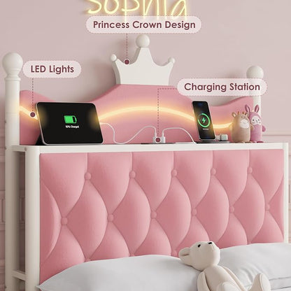 Keyluv Twin Size Upholstered LED Canopy Bed Frame with Charging Station and Drawer, Button Tufted Crown Headboard with Storage Shelf, Two-Purpose Removable Four Poster Design Platform Bed, Pink