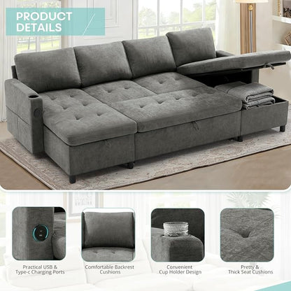 110" U-Shape Reversible Sectional Sofa Bed w/USB Port, Light Grey | Upholstered Sleeper Couch w/Adjustable Backrest and Storage Chaises, Chenille Modern Sofa w/Pull-Out Bed for Living Room