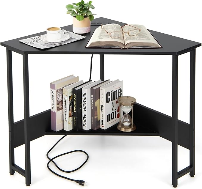 Corner Desk with Charging Station & USB Port, 90-Degree Triangle Computer Workstation w/Storage Shelf, Metal Frame, Space-Saving Laptop PC Desk for Small Space, Home Office (Black)