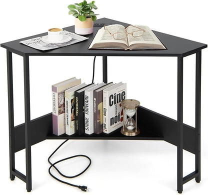 Corner Desk with Charging Station & USB Port, 90-Degree Triangle Computer Workstation w/Storage Shelf, Metal Frame, Space-Saving Laptop PC Desk for Small Space, Home Office (Black)