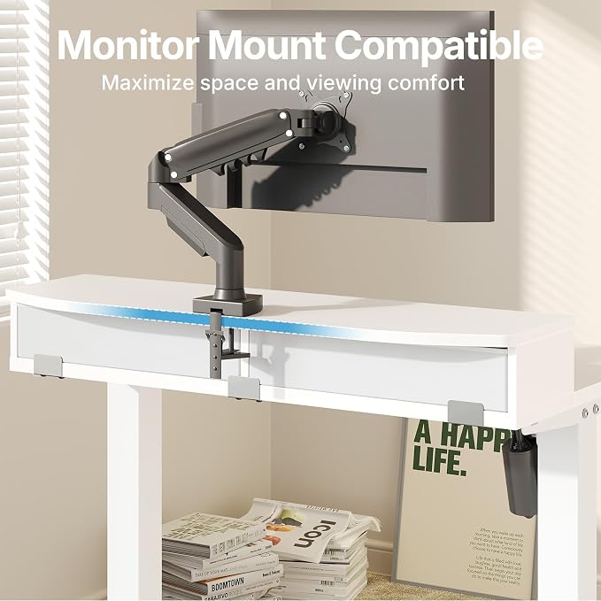 HUANUO 32" X 21" Electric Standing Desk with 2 Drawers, C-Clamp Mount Compatible, Height Adjustable Computer Desk, Home Office Stand Up Desk with 4 Preset Heights & 2 Hooks, White