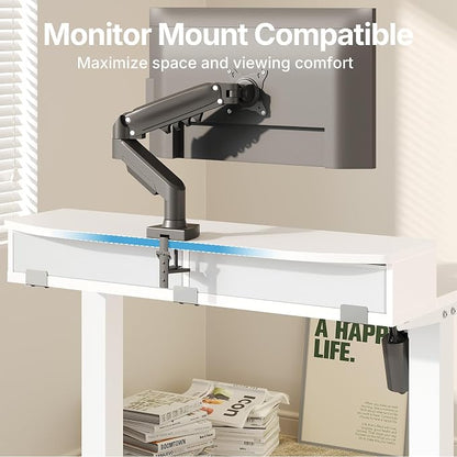 HUANUO 32" X 21" Electric Standing Desk with 2 Drawers, C-Clamp Mount Compatible, Height Adjustable Computer Desk, Home Office Stand Up Desk with 4 Preset Heights & 2 Hooks, White
