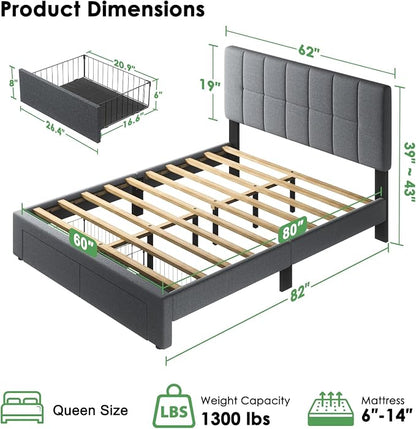Marsail Queen Bed Frame with 2 Storage Drawers, Sturdy & Durable with 12 Support Legs, 1300 lbs Capacity, Solid Wooden Upholstered Adjustable Headboard for 6″–12″ Mattresses, Easy Assembly, Dark Gray