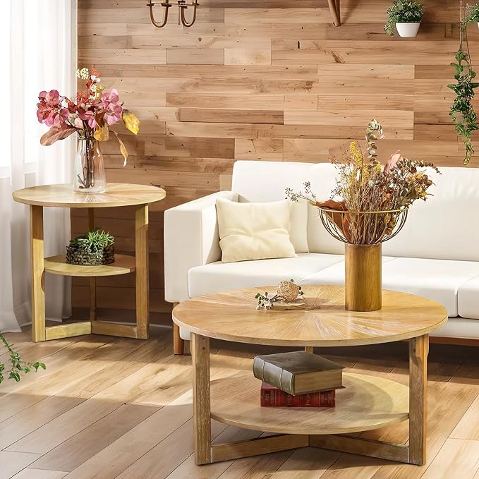 Round Coffee Table, 35" Circle Wood Coffee Table with Storage Shelf, 2 Tier Center Table for Living Room Apartment Home Furniture, Easy Assembly (Light Brown,35" Dx35 Wx18 H)