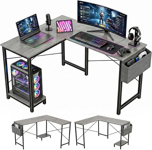 L Shaped Desk, 50 Inch Reversible Computer Desk Corner Gaming Table with CPU Stand & Storage Bag, Sturdy Metal Frame PC Workstation for Home Office