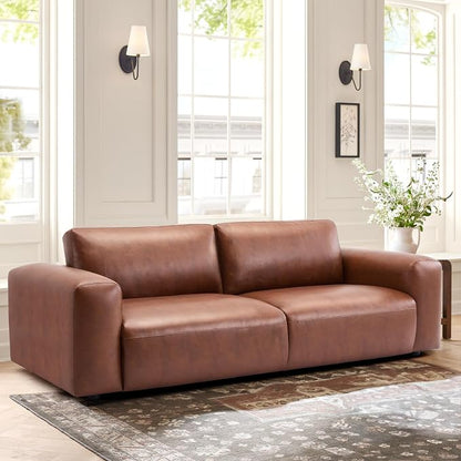 COLAMY PU Leather Sofa Couch, 95" Oversized Sofa Loveseat for Living Room, Comfy Love Seat Couch with Extra Deep Seats, Wide Arm, Down Filled 3-Seater Modern Sofa for Apartment/Lounge/Bedroom-Auburn