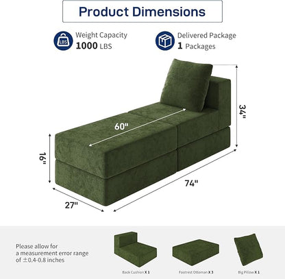Living&Giving Cloud Sectional Couch for Living Room, Modular Boneless Couch with 1 Ottoman, Middle-seat Can Be Combined with Modular Sofa, Customizable Layout for Any Space, Green