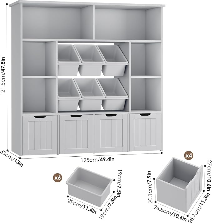 FINETONES Toy Storage Organizer with 6 Toy Bins, Toy Organizer Kids Bookshelf with 4 Movable Drawers and 6 Storage Cubbies, Toy Bins for Kids Organizer Playroom Storage for Living Room, Grey