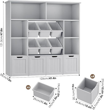 FINETONES Toy Storage Organizer with 6 Toy Bins, Toy Organizer Kids Bookshelf with 4 Movable Drawers and 6 Storage Cubbies, Toy Bins for Kids Organizer Playroom Storage for Living Room, Grey