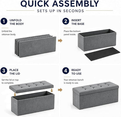 ALASDO 43 Inch Folding Storage Ottoman Bench with Hidden Storage, PU Leather Ottoman Foot Rest Stool, End of Bed Bench for Bedroom, Living Room, Entryway and Closet, Grey