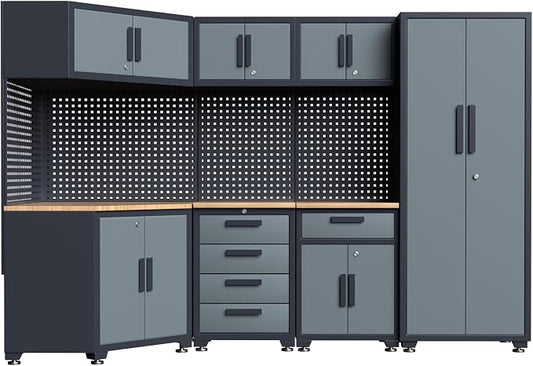 16PCS Garage Storage Cabinet System - Heavy Duty Workshop Set w/Corner Cabinet Includes Workbench, Pegboard & Lockable Drawers | Metal Tool Organization System for Garage/Workshop