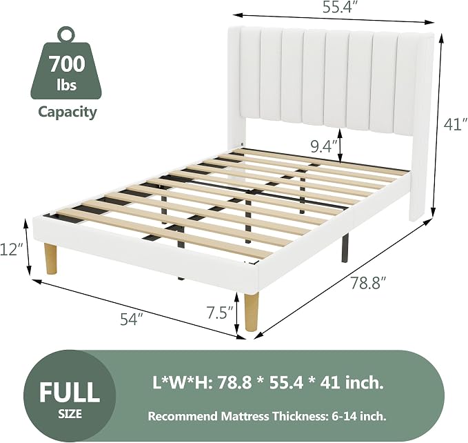 alazyhome Platform Bed Frame Full Size with Upholstered Headboard, Solid Wood Slats Support, No Box Spring Needed, Noise Free, Easy Assembly, Modern Fabric Bed, White