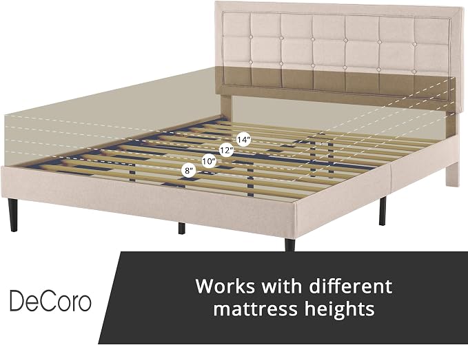 Decoro Mornington Upholstered 2.0 Platform Bed, Button-Tufted Fabric Headboard and Metal Frame with Wood Slat Support, Linen, Queen