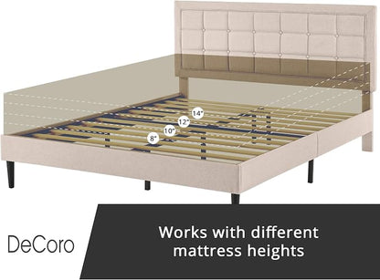 Decoro Mornington Upholstered 2.0 Platform Bed, Button-Tufted Fabric Headboard and Metal Frame with Wood Slat Support, Linen, Queen